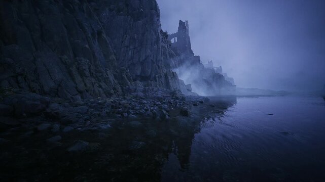 quiet seascape with fogbound sea stack, glassy water reflecting jagged silhouette, pebble strewn shore creating textured foreground, eerie calm with low light