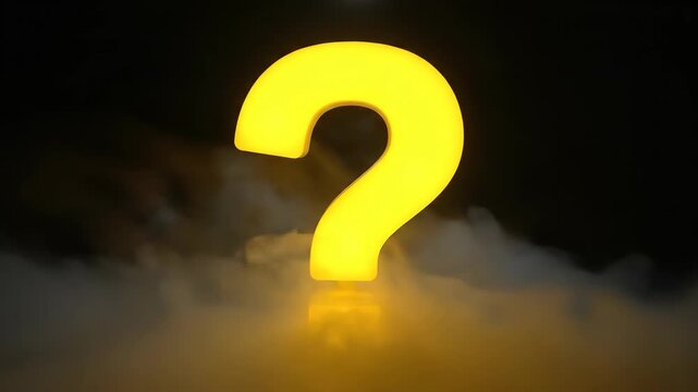 Glowing 3D yellow question mark emerging from smoke on dark background. Perfect for educational content, mystery themes, quiz shows, and problem-solving visuals