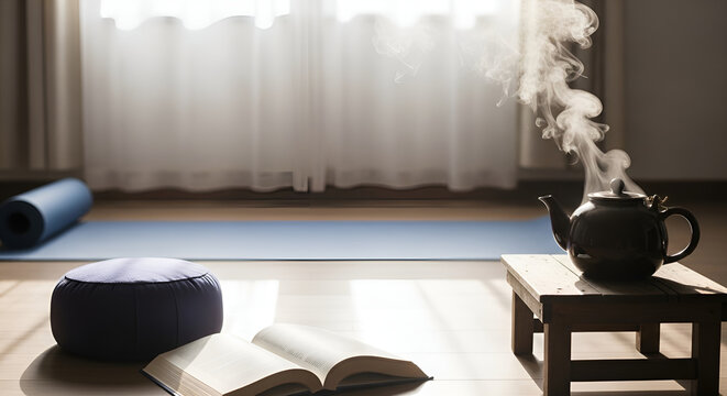 Peaceful Home Yoga and Meditation Space with Steaming Tea Book and Mat