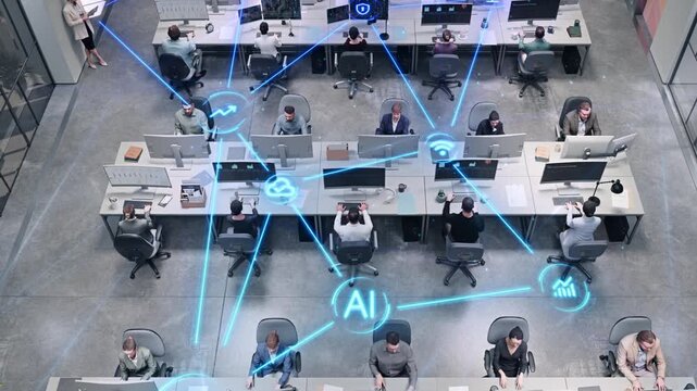 Top Down View of Multiracial Corporate Employees Typing at Shared Desks in a Bright Tech Office as Overlay Visuals Appear with Glowing AI, Cloud, Wi-fi, Security, Data Links Connect Automated People