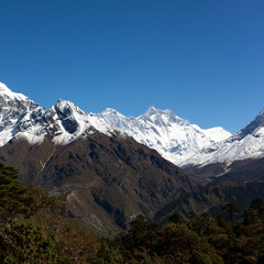 Fototapeta premium Mount Everest and Mount Lhotse, Sagarmatha National Park. View from Namche Bazaar viewpoint, Nepal