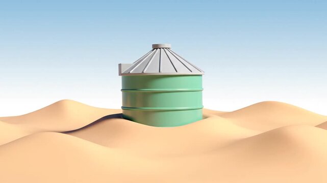 Water tank in desert landscape, survival concept, resource scarcity