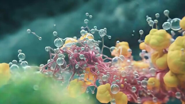 Abstract cluster of molecules, cells, and cellular structures forming complex biological patterns, suggesting medical research, biology, and the intricate workings of life