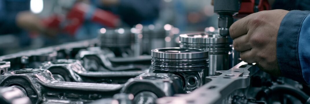 Medium angle capturing powdered metal connecting rods paired with caps showcasing workers preparing fasteners and adjusting torque tools during engine assembly.