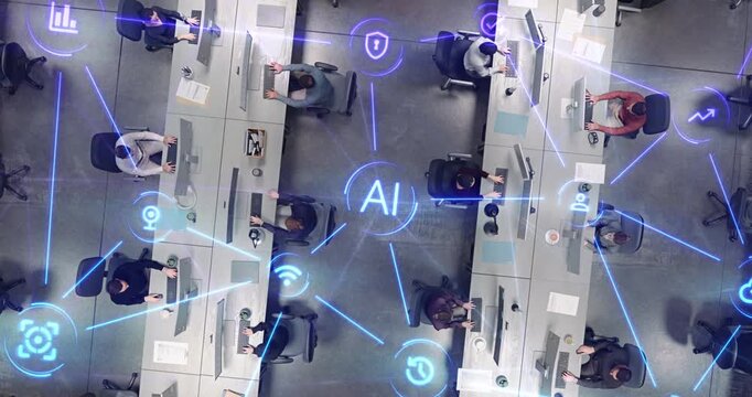 Top Down View of Modern Office With Diverse Multiethnic Team at Computer Desks as Linked Visualization Layer Appears, Glowing Blue Networks and Icons Symbolize Ai, Wifi, Cloud Storage and Analytics.