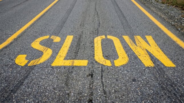 Yellow Painted SLOW Word on Asphalt Road Surface for Safety.
