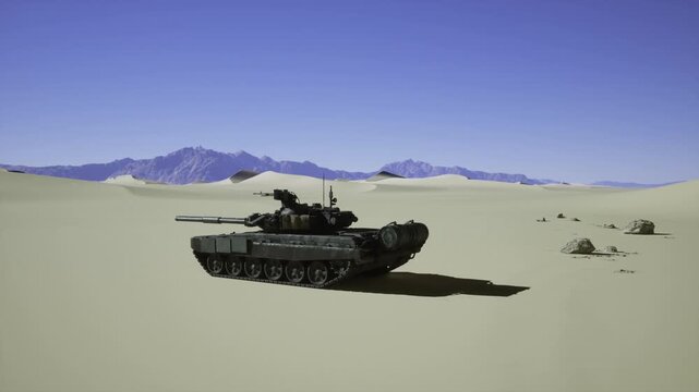 Derelict tank rests in sunbaked desert with oxidized hull, shadowed treads halfburied in sand, mountains on horizon, windswept patterns, silent aftermath mood,