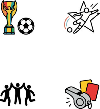 soccer trophy, football ball, player star icon, referee whistle with cards, teamwork symbol, modern sports line art vector set, minimal football illustration collection
