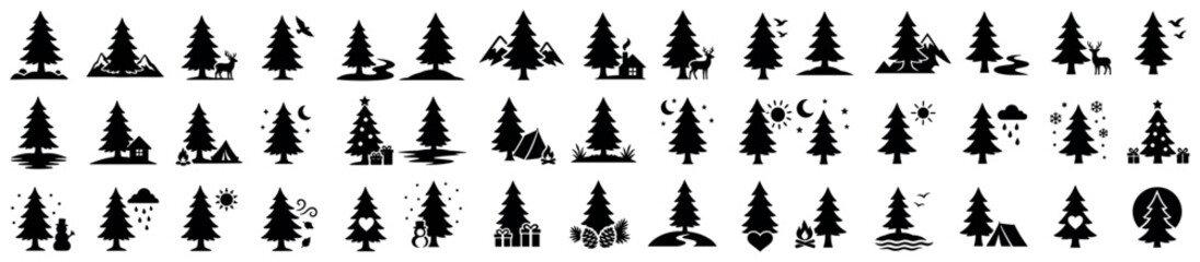Obraz premium Pine tree icons set. Nature and forest symbols. Mountains, deer, birds, river. Weather, seasons, Christmas tree. Solid black silhouette style