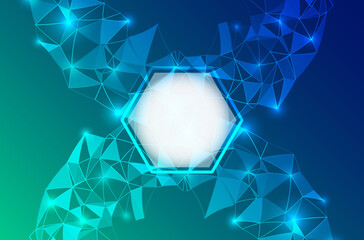 Abstract futuristic background with glowing polygonal connections, neon blue gradients, and a geometric hexagon frame in a modern digital technology style. © arthead