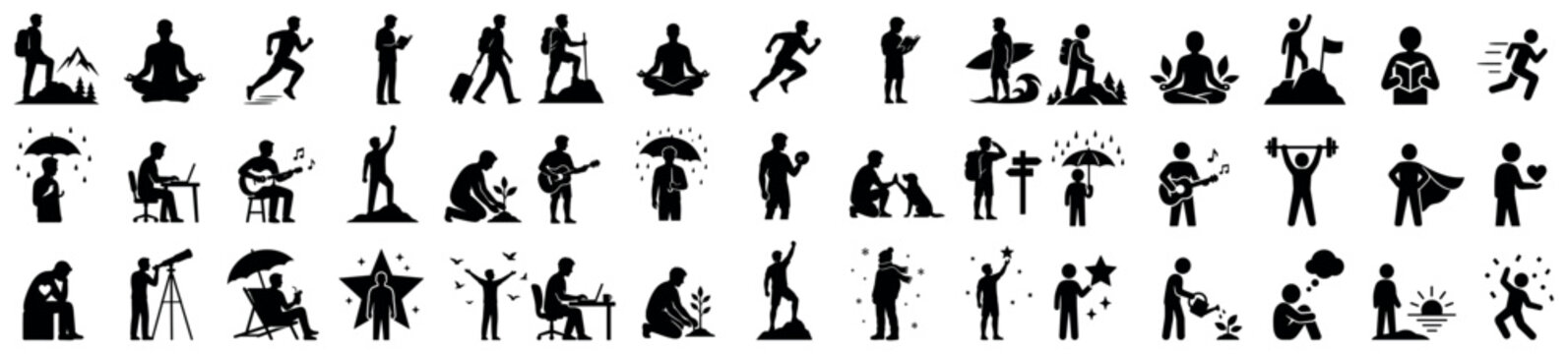 Human activity and lifestyle icons set. People doing various activities. Hiking, meditating, running, reading, traveling, surfing, playing guitar, working, planting, exercising. Solid black