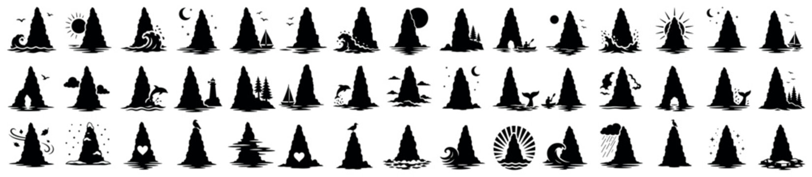 Sea stack icons set. Ocean rock formation icon. Nature, landscape symbol. Island, cliff, mountain, water, wave, sun, moon, boat, dolphin, whale, lighthouse, trees, birds, weather, seasons