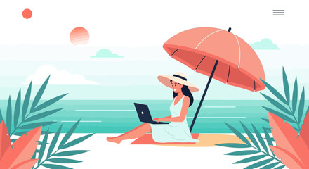 Fototapeta premium Woman working on laptop on beach under umbrella, remote work, vacation, sea view