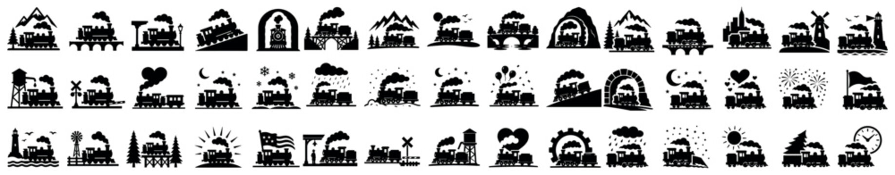Train icons set. Steam locomotive icon. Railway transportation symbol. Travel, journey, cargo, delivery concept. Solid black silhouette style