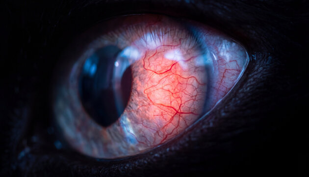 Close up view of inflamed animal eye showing blood vessels and medical condition.
