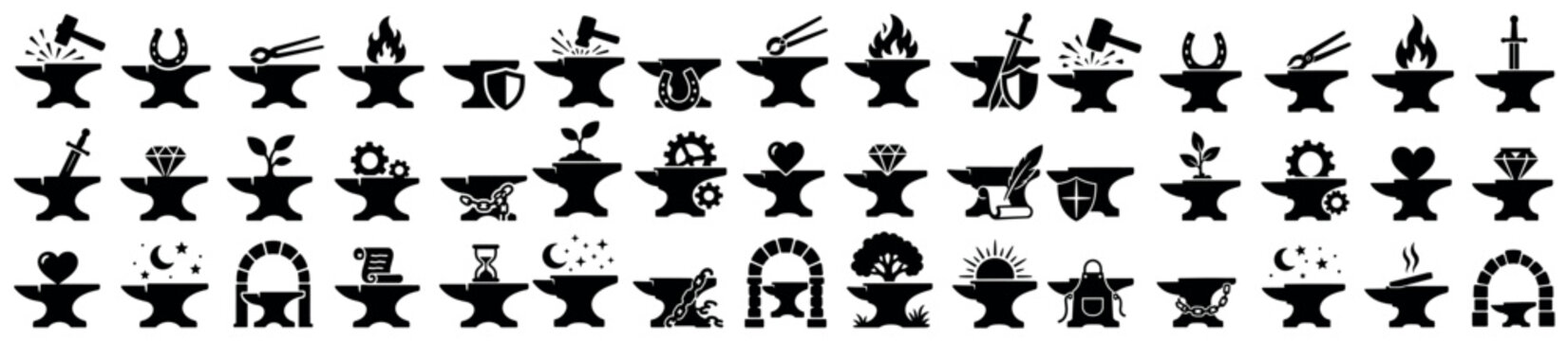 Anvil icons set. Blacksmith anvil symbol. Hammer, horseshoe, flame, sword, shield, plant, gear, heart, diamond, scroll, hourglass, moon, stars, tree, sun, apron, chain, arch. Solid black