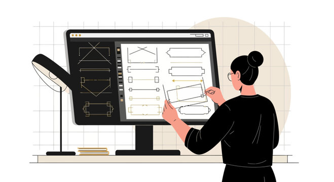 Woman working on user interface design with computer and mockup for development process illustration