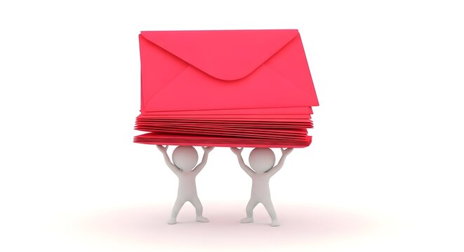 Characters carrying a heavy stack of pink mail envelopes