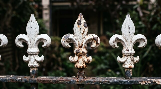 Close-up of Ornate Fleur-de-Lis Fence in a Garden Setting.