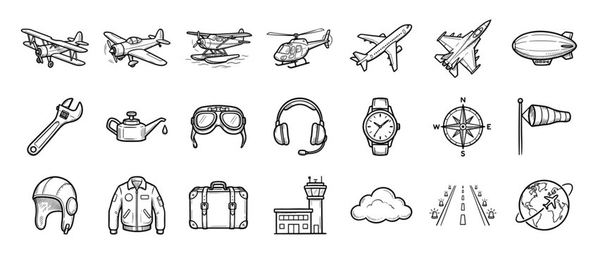 Aviation and flight icons set. Air travel and pilot equipment. Airplane, helicopter, blimp. Compass, windsock, runway. Hand-drawn doodle style