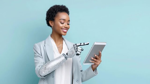 Confident businesswoman with cybernetic hand holding tablet on light blue background