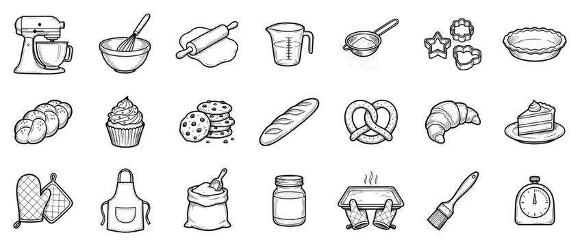 Baking and pastry icons set. Kitchen tools and baked goods. Mixer, whisk, rolling pin, measuring cup, sieve, cookie cutters. Bread, cupcake, cookies, baguette, pretzel, croissant, cake. Oven