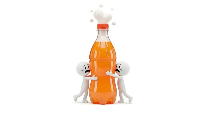 Figures trying to stop an exploding bottle of orange soda