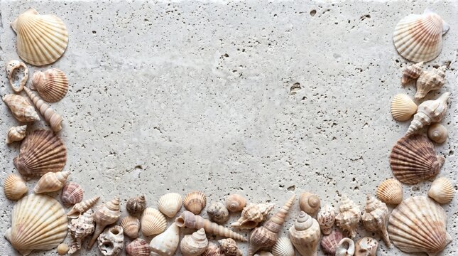 Coastal Seashells Bordering Textured Background for Summer Vacation Designs.