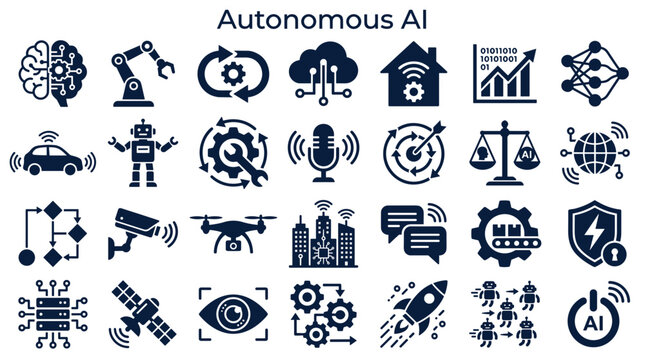 Autonomous AI Technology Icons and Symbols representing Artificial Intelligence and Robotics Innovation