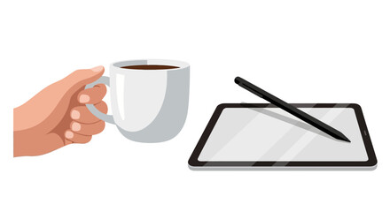 Hand holding coffee mug next to digital tablet © Anisah