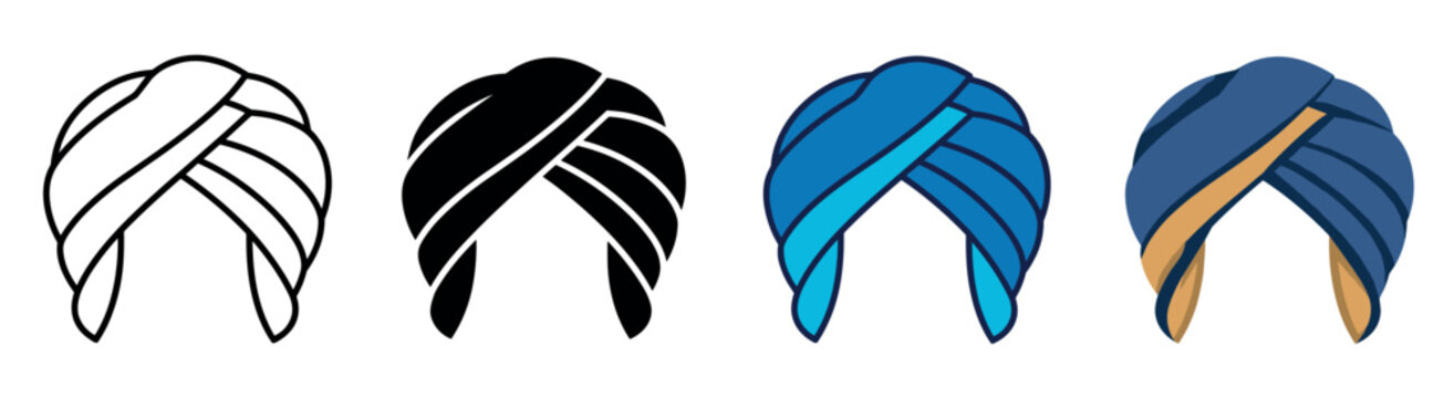 Turban icons set. Headwear icon. Indian, Arabic, Sikh culture symbol. Traditional head wrap. Flat, line, and color style