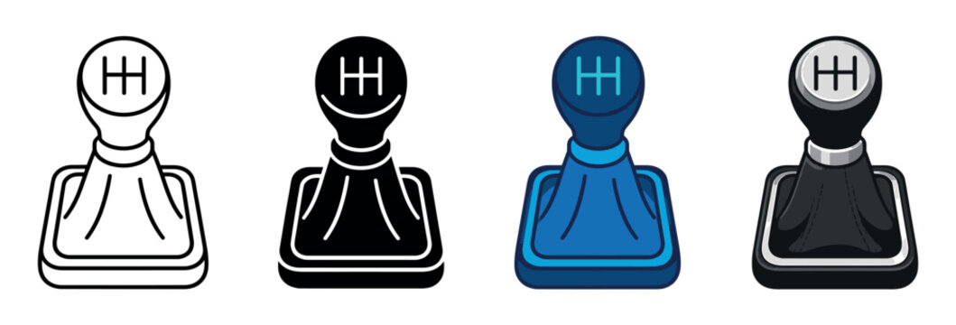 Gear shift icons set. Manual transmission icon. Car gear stick symbol. Automotive part sign. Flat, solid, and color line style