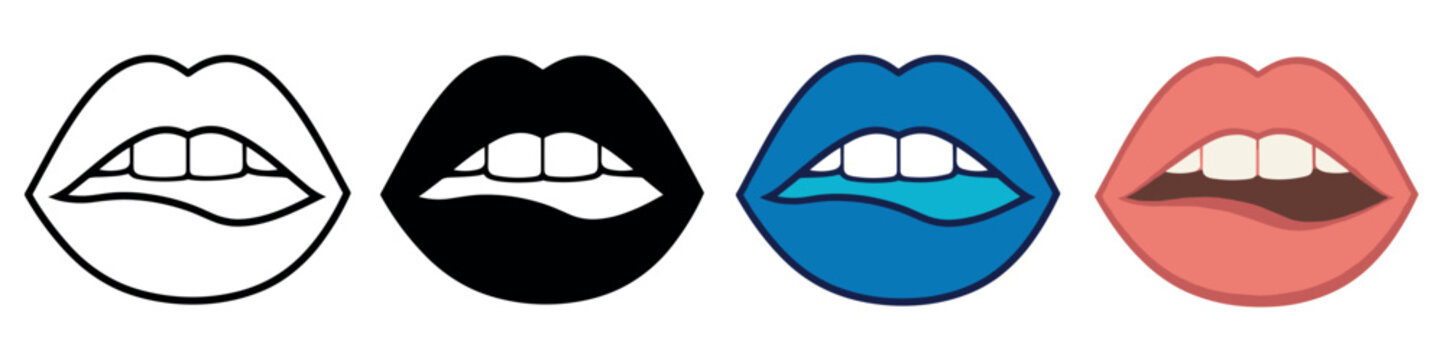 Biting lip icons set. Female mouth biting lip icon. Sensual lips symbol. Passion, desire, flirtation concept. Flat, line, and solid style