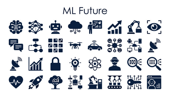 ML Future Machine Learning Icons Set AI Technology Concepts Futuristic Digital Innovation and Data Science Symbols