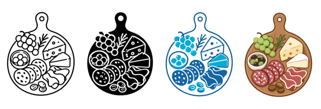 Charcuterie board icons set. Food platter icon. Cheese, meat, grapes, olives, nuts. Appetizer, snack symbol. Flat and line style