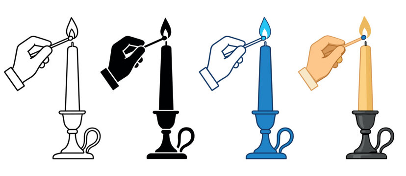 Hand lighting candle icons set. Hand holding matchstick to candle. Light, fire, flame symbol. Ceremony, celebration, memorial icon. Flat, line, and solid style