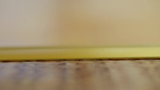 Wiping baseboard edge carefully. Gentle scrub of doorway boundary. Soft focus image of floor and baseboard being cleaned with microfiber cloth in warm ambient lighting