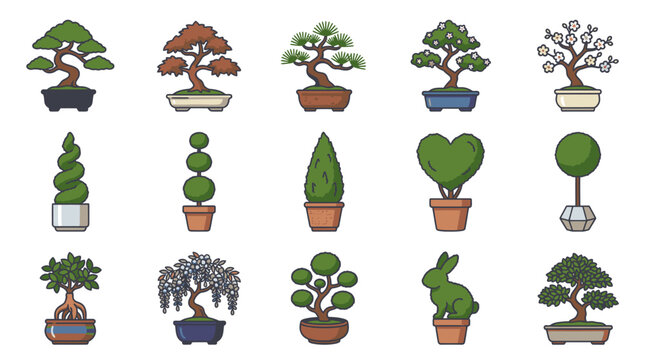 Collection of various potted trees including bonsai and topiary art.