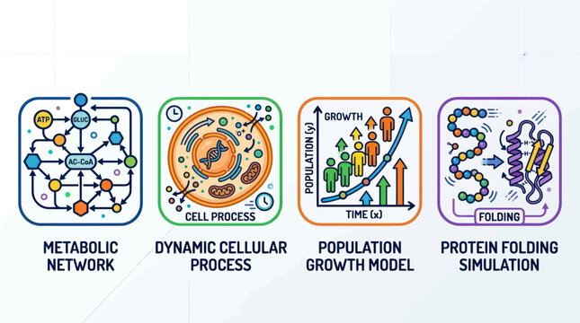 Biological process icons for metabolic networks and protein folding.