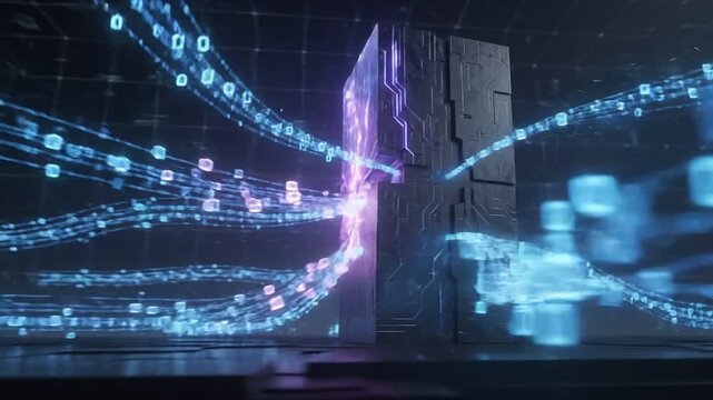 Digital Data Flowing into Futuristic Server Core