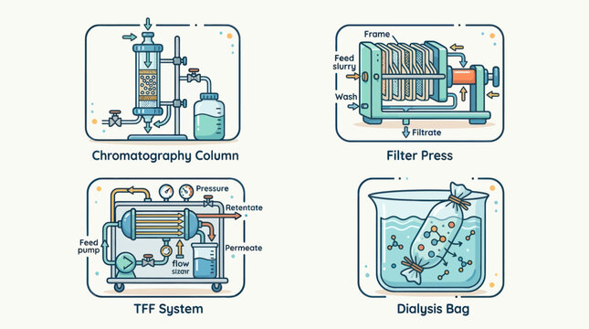 Biotech purification and chromatography equipment vector illustrations.