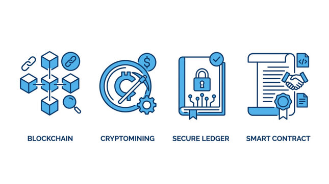 Blockchain and cryptocurrency technology conceptual line icons.
