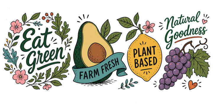 Healthy food icons set. Vegan food concept. Avocado, lemon, grapes, and leaves. Eat green, natural goodness, farm fresh, plant based text. Hand-drawn doodle style