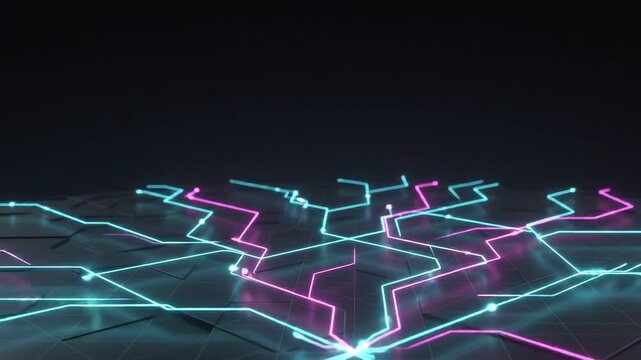 Digital Network Grid Expands with Glowing Circuit Lines Animation