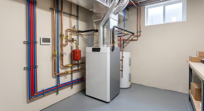 Modern Home Furnace and Plumbing System Installation in Basement