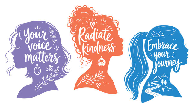 Female silhouette quotes icons set. Empowering women quotes. Your voice matters. Radiate kindness. Embrace your journey. Flat and line style