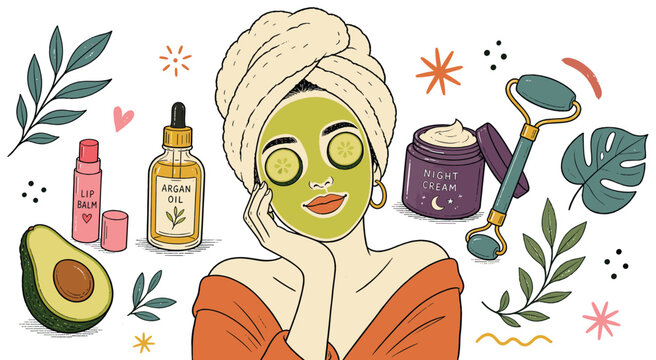 Skincare routine icons set. Woman with face mask and cucumber slices. Beauty products, night cream, argan oil. Self-care, spa, natural cosmetics. Hand-drawn doodle style