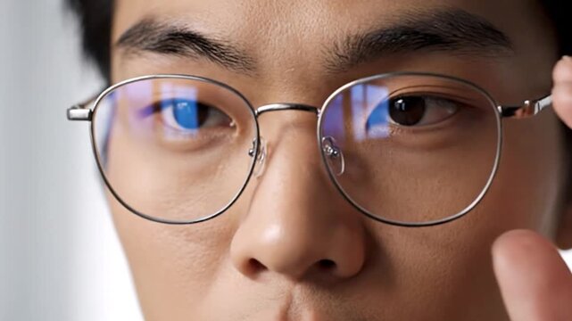 Close-up of Asian Man Adjusting Glasses for Clear Vision.