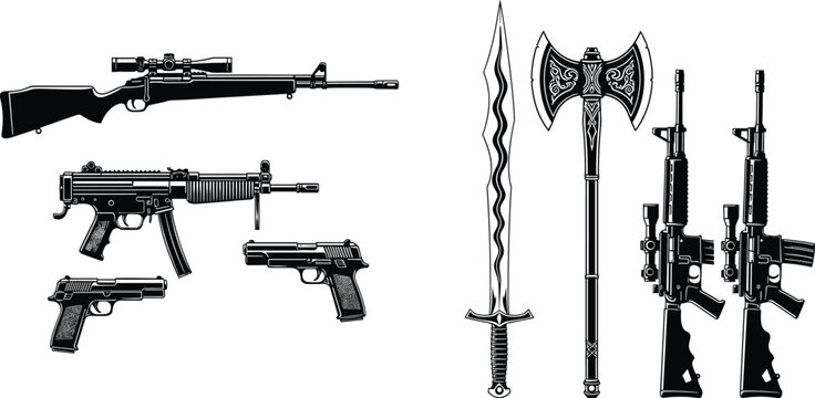 Weapon silhouette collection with rifles pistols sword and battle axe isolated on gray background for tactical design