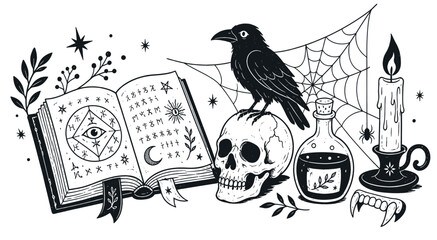 Obraz premium Witchcraft and magic icons set. Open spell book with symbols. Raven on skull. Potion bottle, candle, spiderweb, vampire teeth. Hand-drawn doodle style